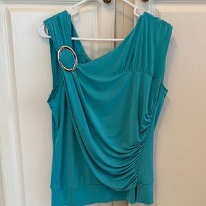 New Directions Teal Draped Blouse with Ring Detail